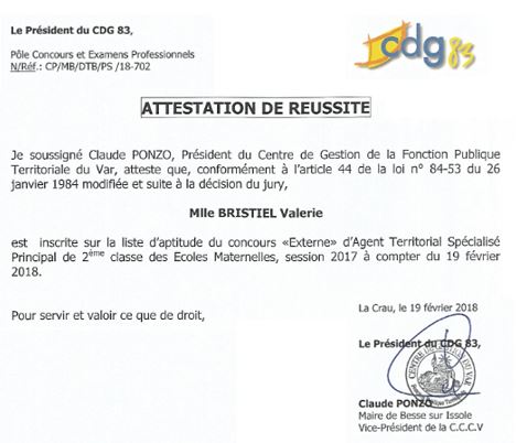 Exemple d'attestation de réussite d'une de nos candidates